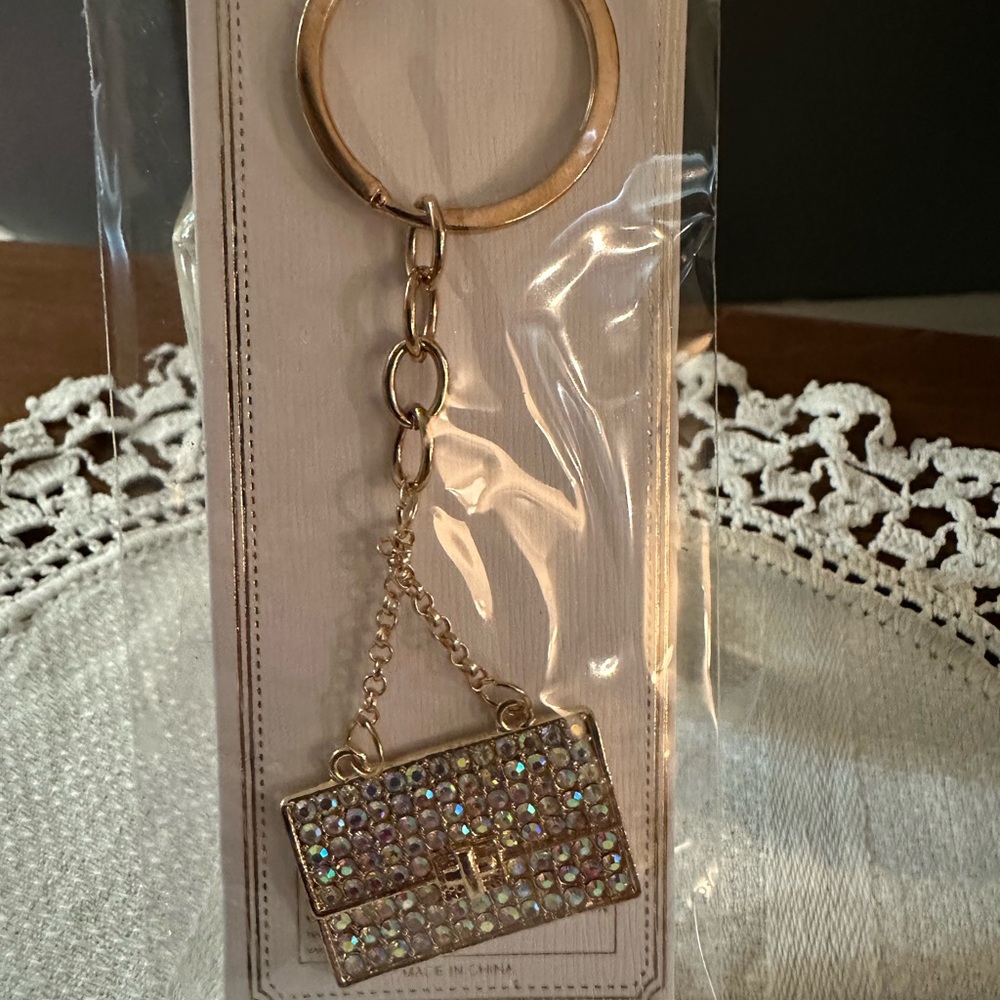Gold Keychain with Rhinestone Purse Charm